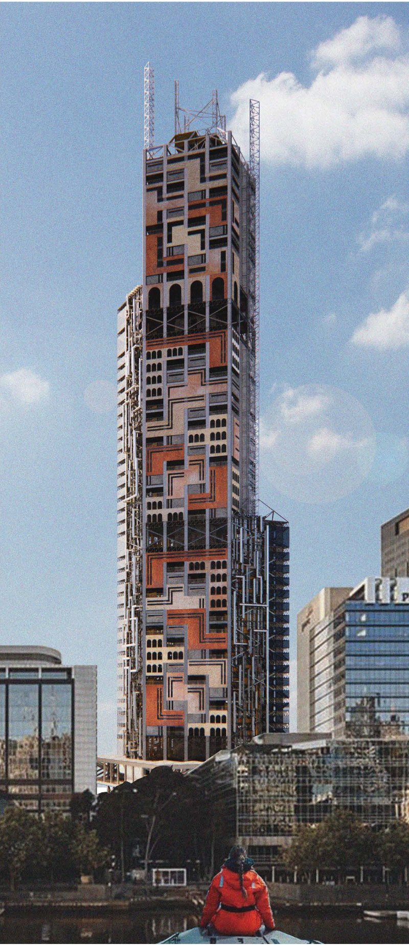 Exterior view of the New Metabolism Tower, showcasing its layered, multicultural facade.