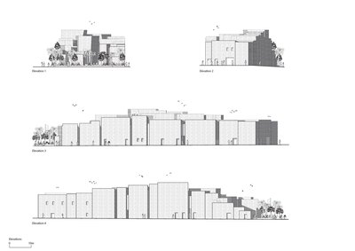 The image presents a series of four architectural elevations depicting a building complex with a mod