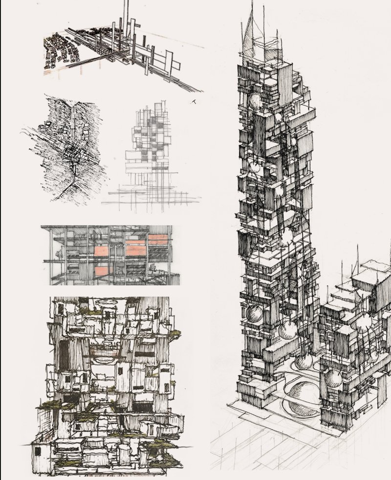 Early conceptual studies explore the fragmented verticality and spatial rhythm of the Makoko skyscraper.