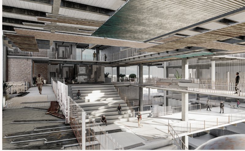 A layered atrium space designed to foster community gathering, workshops, and fluid movement between floors.