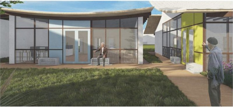 A sensory-friendly garden with transparent structures connects residents with nature and each other.