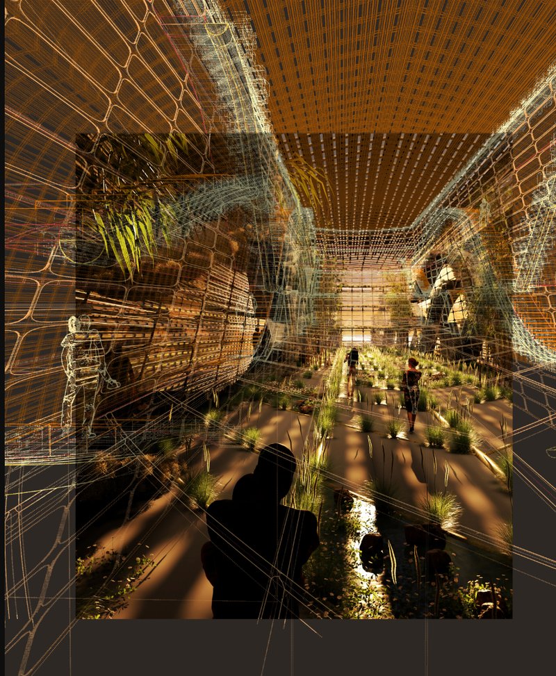 An indoor wetland journey where structure and vegetation co-exist, fostering environmental awareness through design.