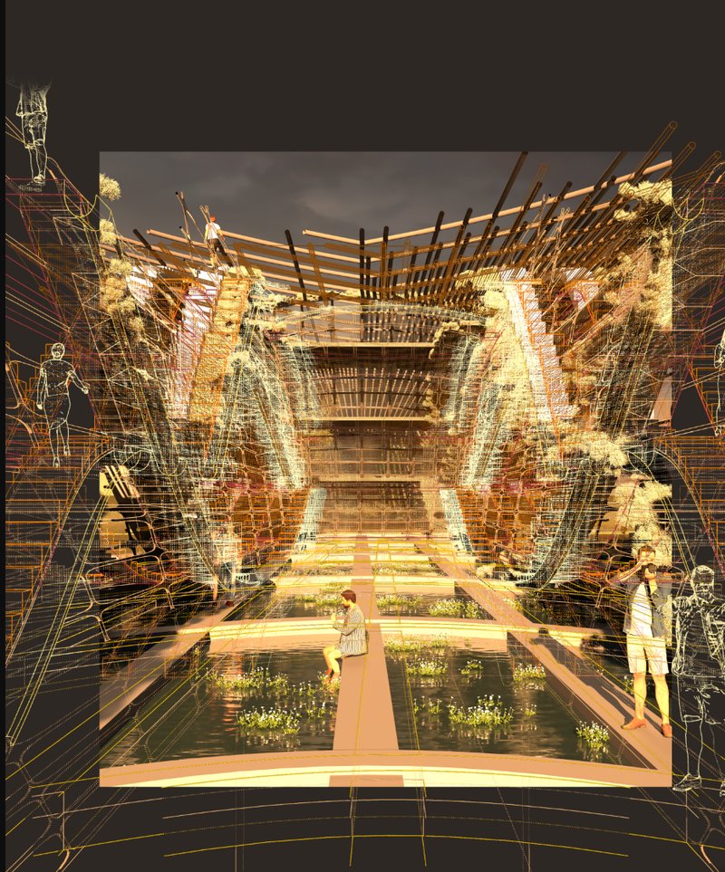 At the heart of the center, bio-architecture frames a contemplative path over water—where research meets nature.