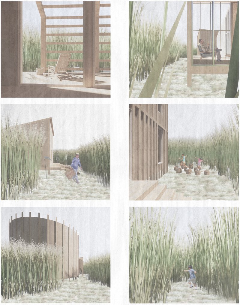 Daily moments unfold between reed walls: relaxing, crafting, playing, and harvesting in harmony with nature.