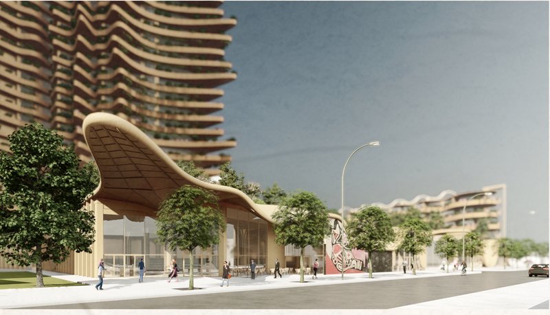 &nbsp;Fluid, wave-like canopy structures create vibrant community interfaces at ground level.