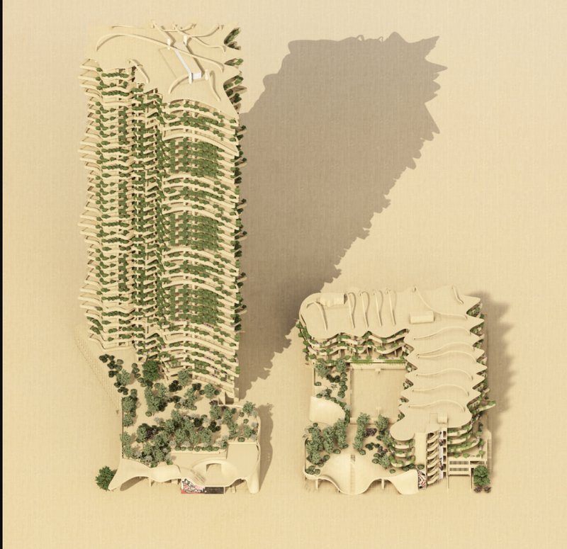 Organic rooflines and verdant terraces showcase the building’s integration with nature.