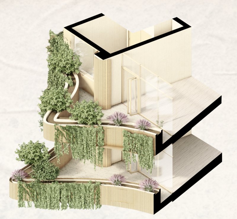 A compact biophilic apartment layout with cascading greenery and seamless timber interiors.