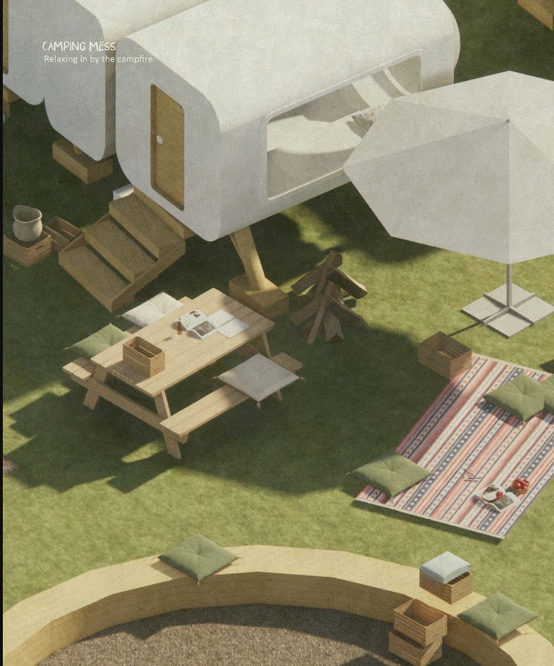 A cozy outdoor dining scene next to camper capsules—where mealtime blends with relaxation.
