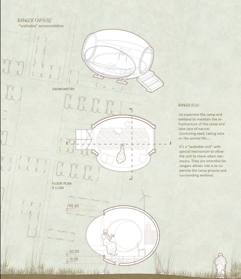 A mobile monitoring unit with a self-contained interior—designed to care for the camp and its surrounding ecosystem.