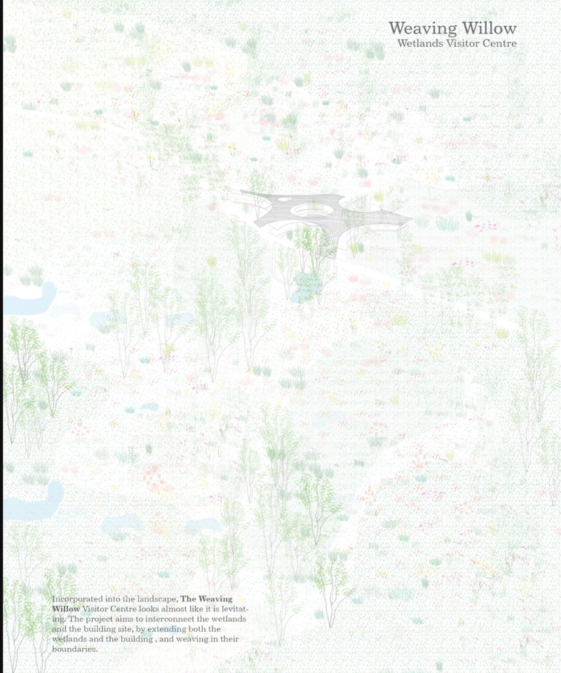 Site plan drawing showing the lobed building form nestled among wetland vegetation and waterways