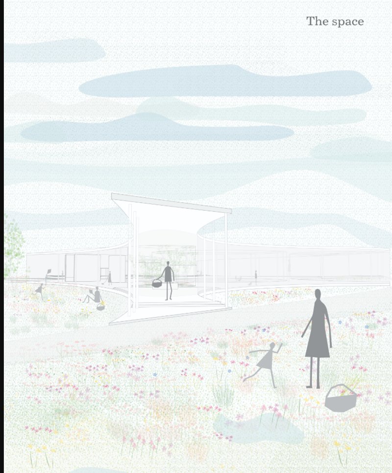 Section drawing showing the cantilevered roof sheltering interior spaces with visitors in surrounding flower meadow