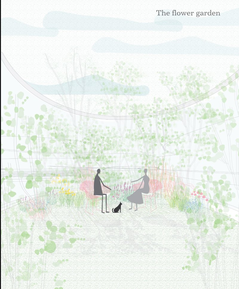 Interior perspective drawing of a planted courtyard garden with overhead trellis structure and two visitors with dog