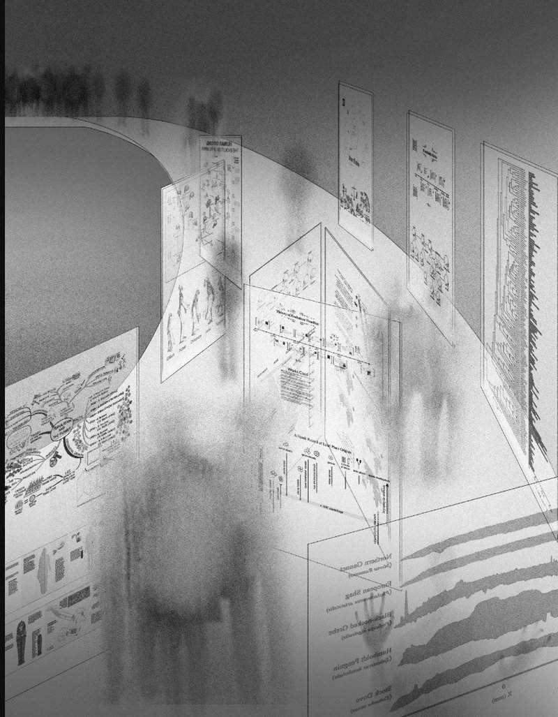 Axonometric drawing of translucent panels with diagrams and text suspended in atmospheric shadows