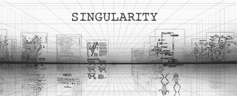 Perspective drawing showing a grid space with floating panel diagrams reflected in a water surface