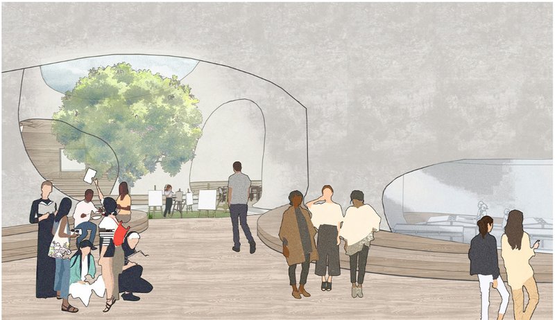Rendered section perspective showing the interior courtyard space with curving walls and visitors gathered beneath a central tree
