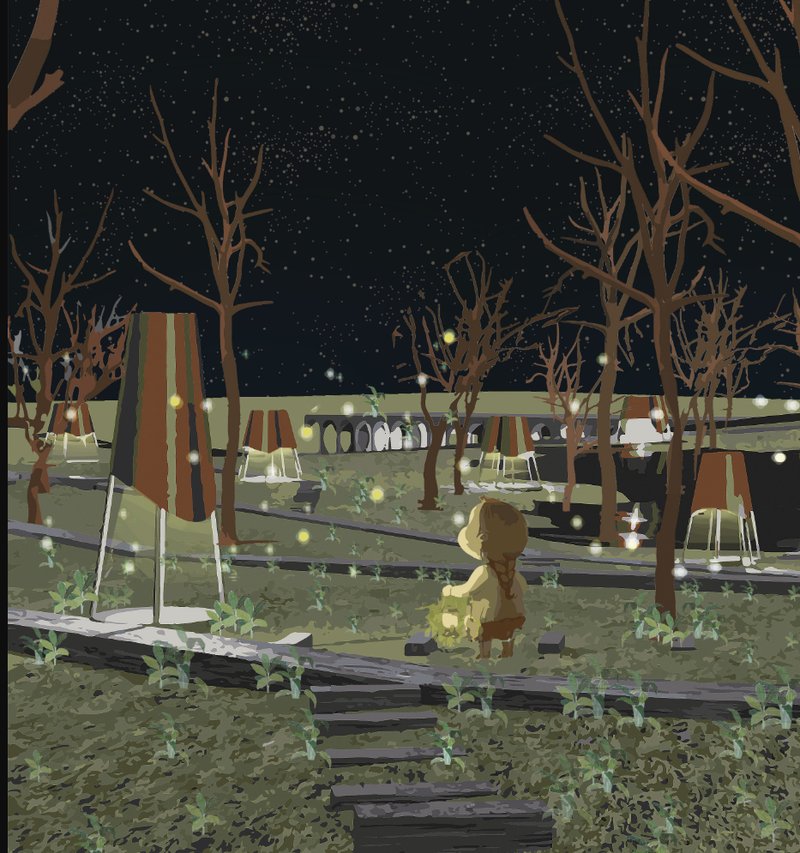 A magical forest scene with glowing pavilions and a child surrounded by fireflies—capturing the atmosphere of a Tolkien-inspired nightscape.