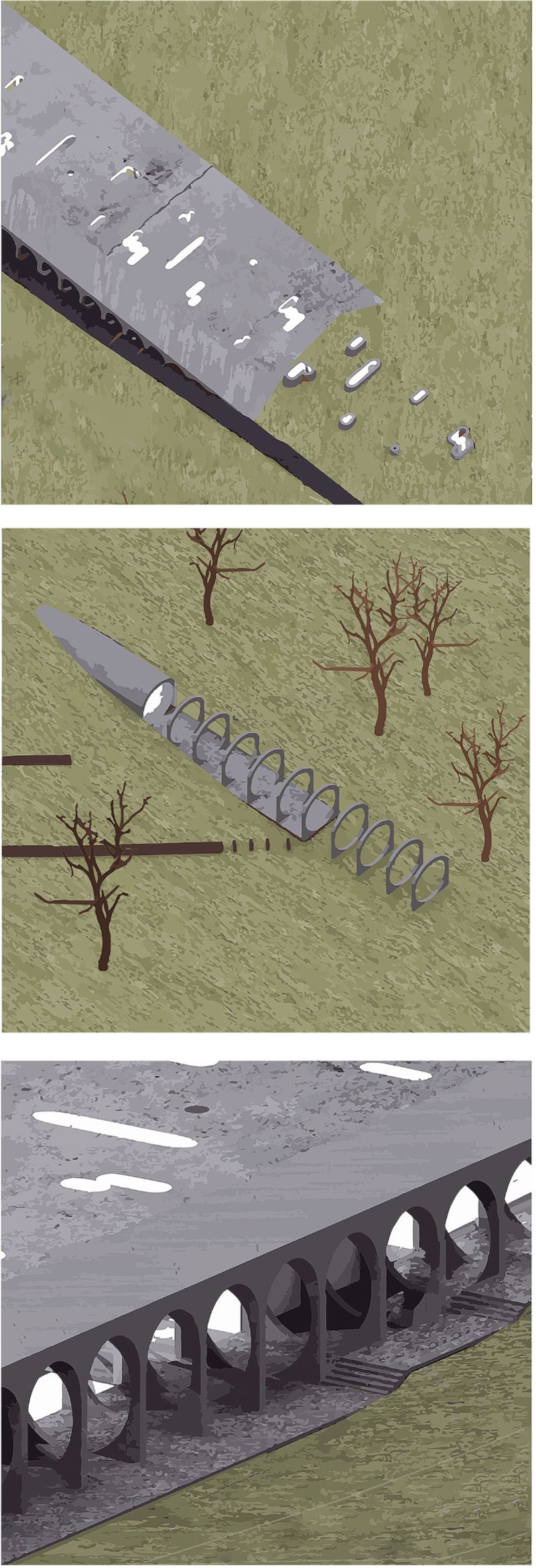 Exploded isometric views illustrating the tunnel structure and sculptural concrete ceiling with swamp-inspired perforations.