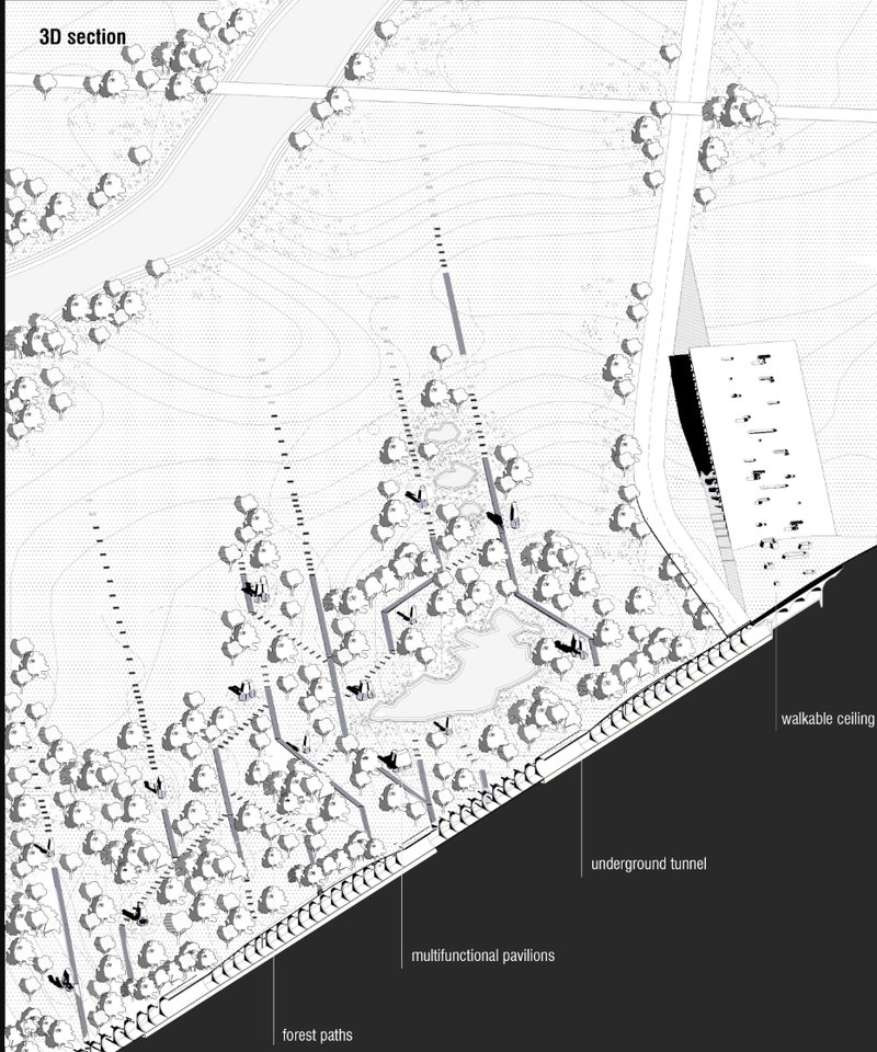 Axonometric cut revealing spatial relationships between forest paths, multifunctional pavilions, underground tunnel, and the main structure.