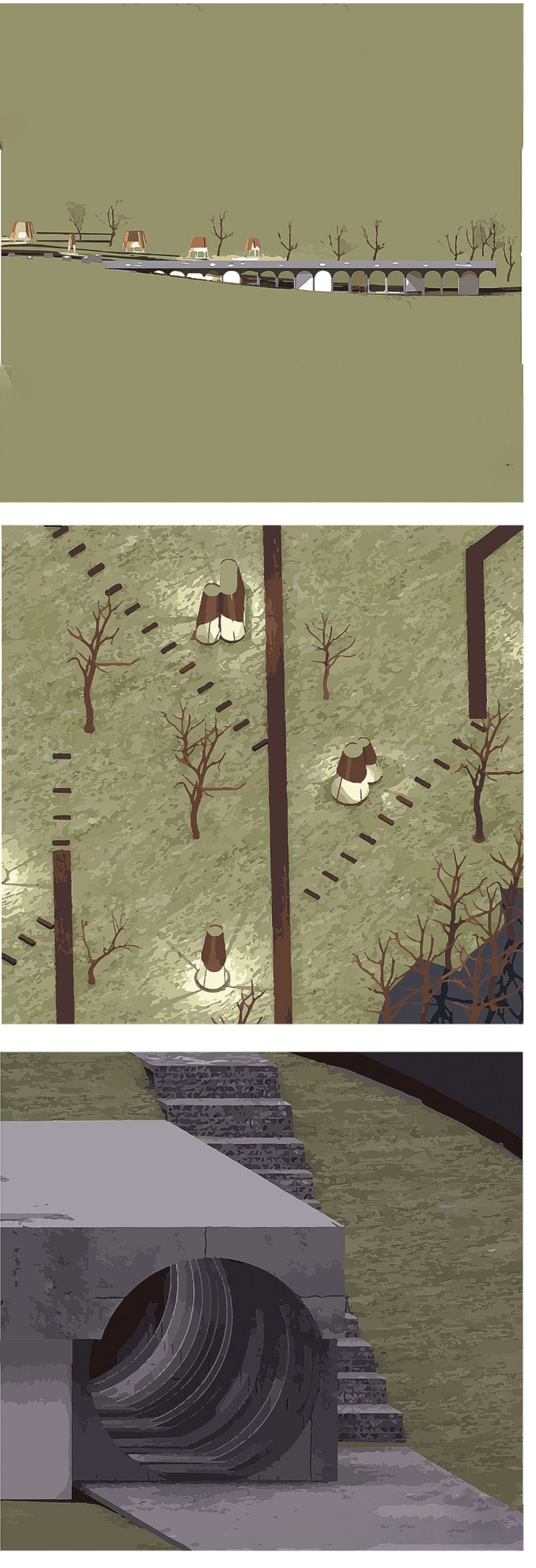 Rendered views showcasing the visitor center nestled in the landscape, the scattered pavilions, and the iconic circular tunnel entrance.