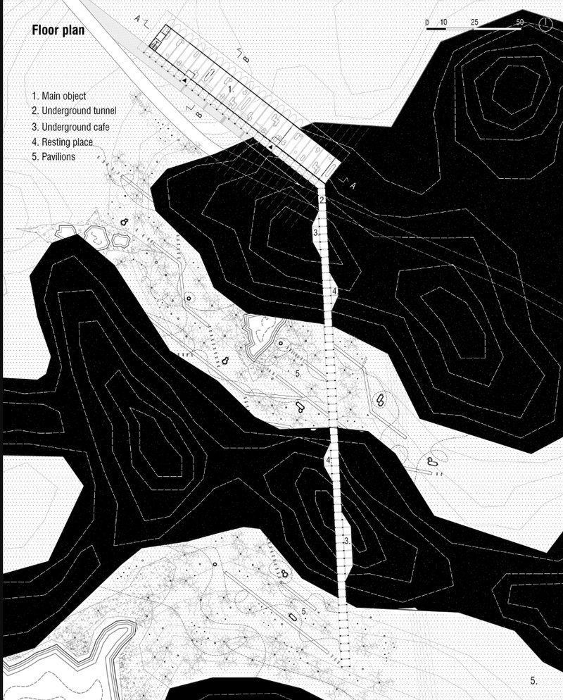Comprehensive site plan mapping the primary visitor center, tunnel, café, rest zones, and pavilion distribution across the terrain.