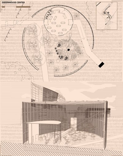 This architectural image presents a greenhouse center through a combination of site plan and section