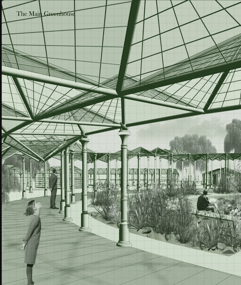 A layered space blending Victorian ironwork with thriving wetland flora for immersive ecological engagement.