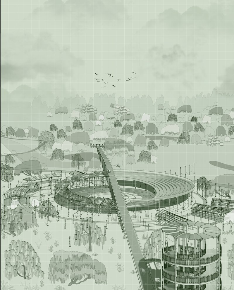 The central greenhouse and elevated walkway form a radial composition inspired by nature’s symmetry and rebellion.