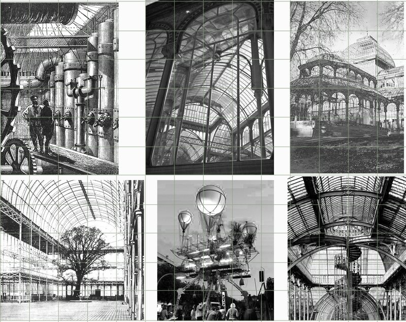 A visual archive of Victorian greenhouses and Steampunk motifs that shaped the project’s architectural identity.