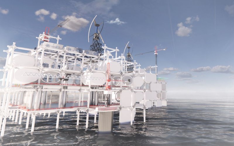 Daytime view of the adaptive reuse oil rig structure, equipped with wind turbines and modular living units floating on the Adriatic Sea.
