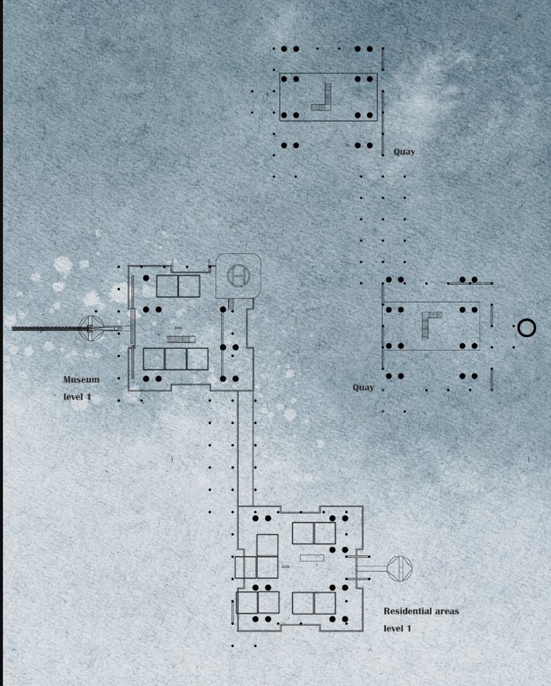Level 1 floor plan showcasing the spatial arrangement of museum spaces, residential areas, and connecting quays.
