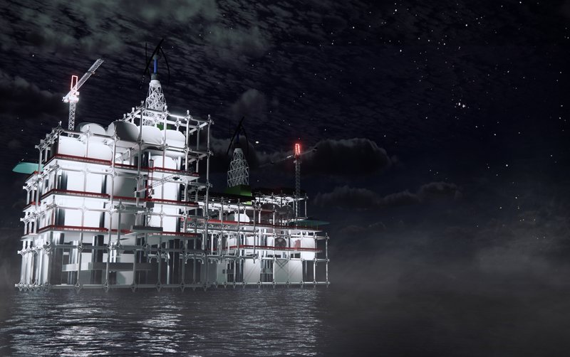 Nighttime view of the transformed oil rig, illuminated as a beacon of sustainable marine living under a starry sky.