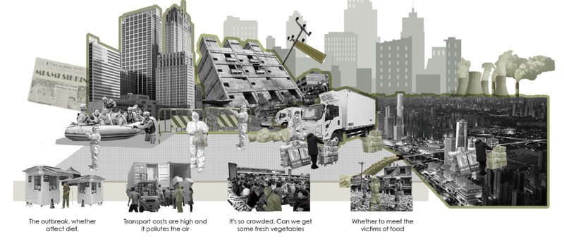 Collage drawing combining urban elements including towers, delivery trucks, produce markets and residential blocks