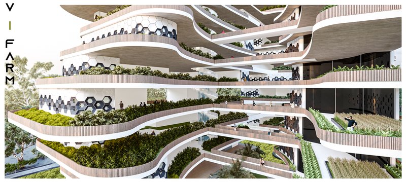 A sweeping view of the V-FARM complex showcasing layered green terraces and hexagonal modular units integrated into vertical farming architecture.