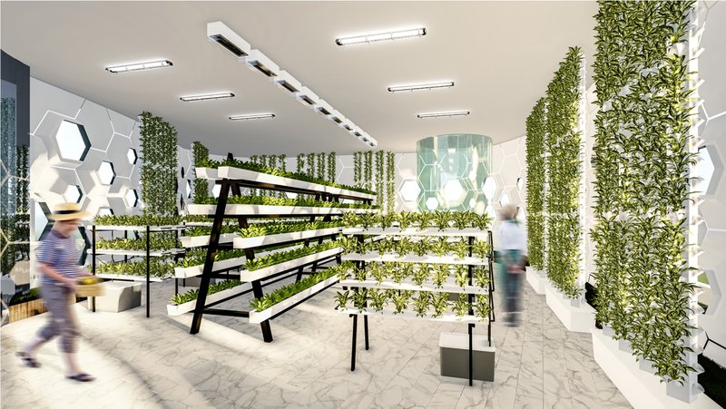 Indoor farming zone featuring vertical hydroponic systems and ambient lighting, demonstrating the use of smart agricultural technologies.