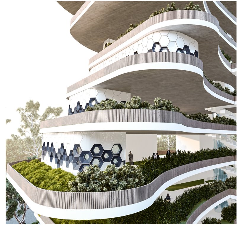 Detail view of the curved, hexagon-patterned facade modules wrapped in greenery, merging architectural identity with function.