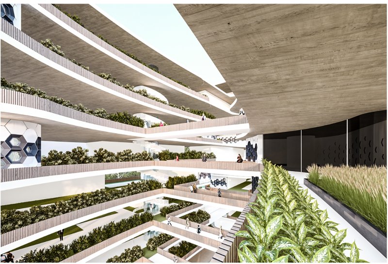 Multi-level perspective showing urban dwellers tending to personal and communal green zones within a connected vertical structure.
