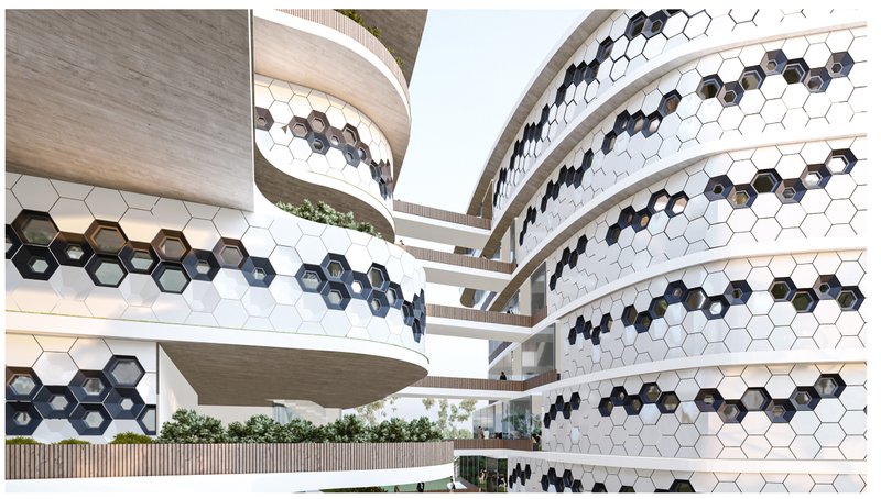 Façade close-up showing horizontal bridges linking curved modules, reinforcing circulation and communal interaction