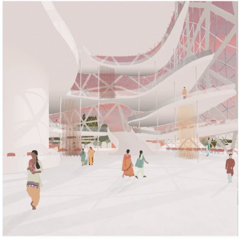 A vibrant bazaar space fosters community interaction beneath a fluid mesh canopy inspired by traditional Indian architecture.