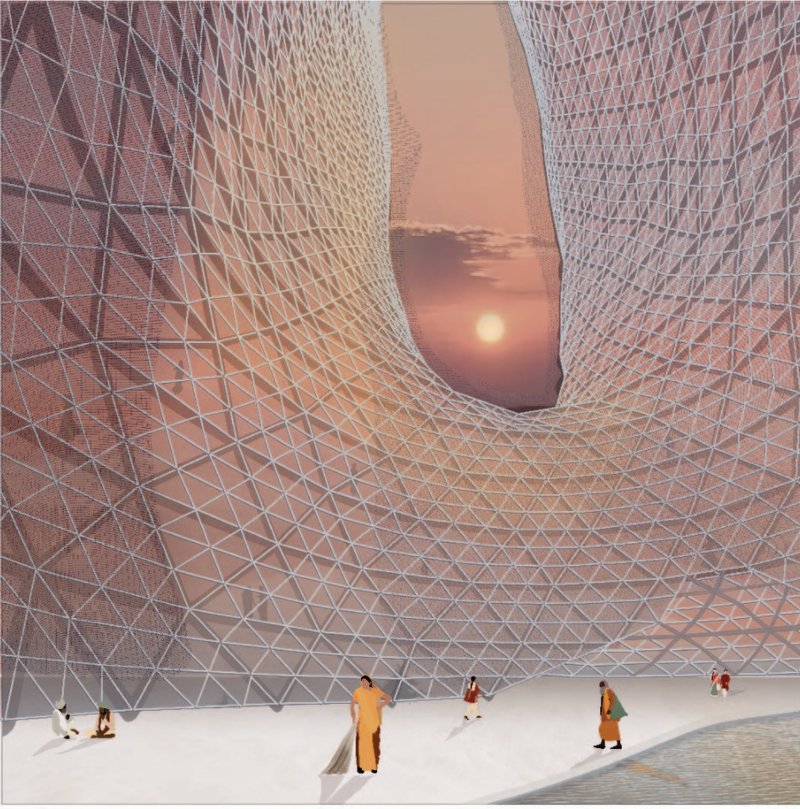 The sculpted in-between space creates a visual connection to the sky while symbolizing coexistence through contrast.