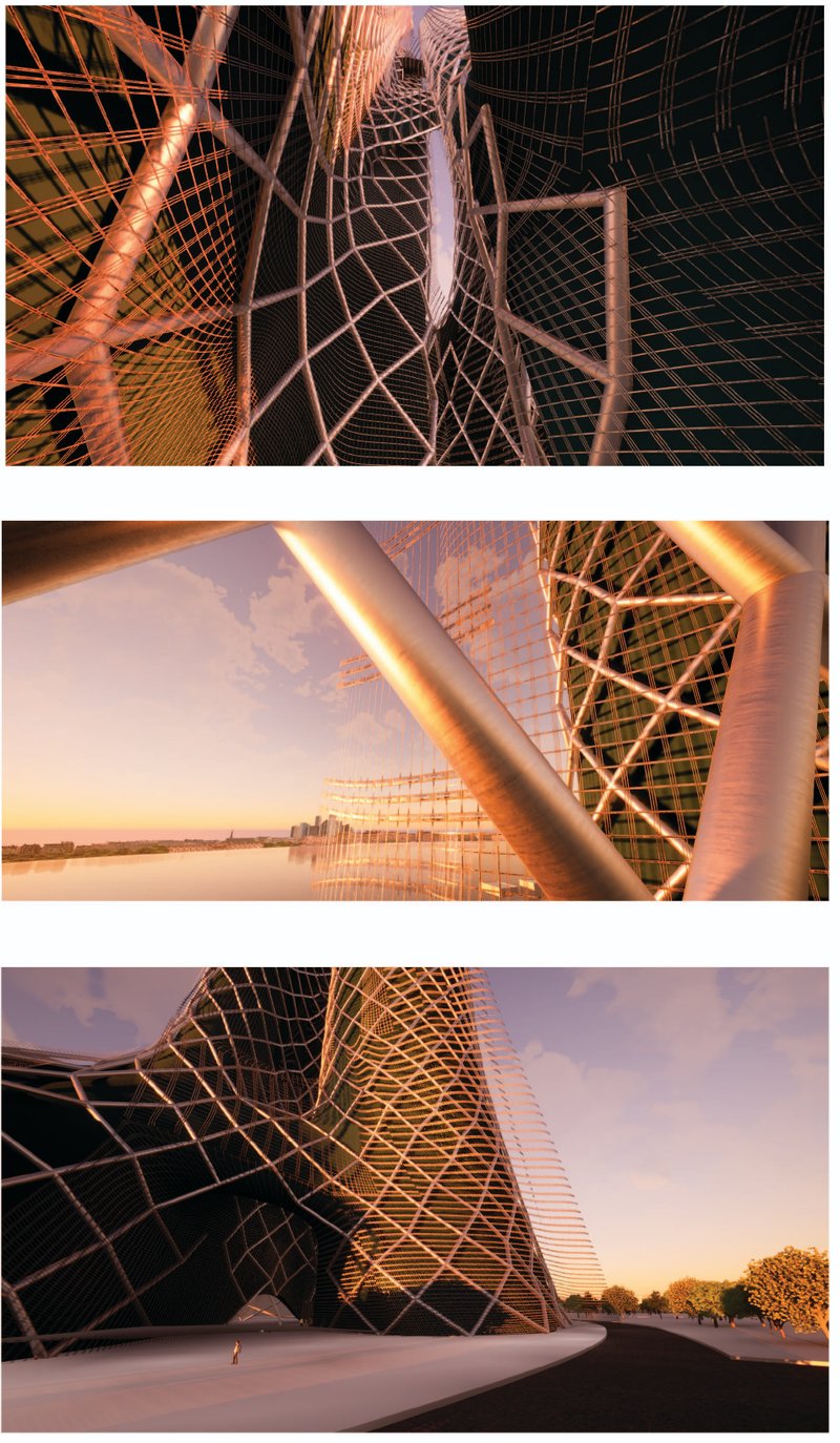 The diagrid mesh façade provides transparency, structural performance, and passive climate control for the twin towers.