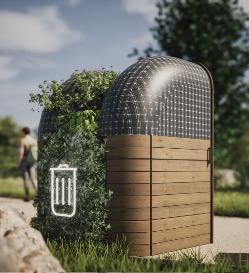 Green-integrated smart bin blends nature with technology in public space design.