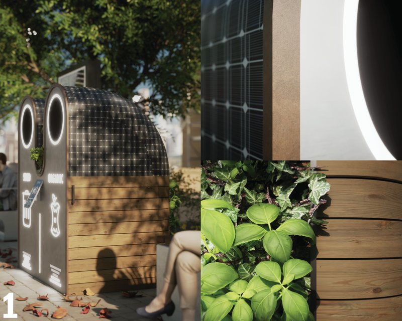 Materiality and detail: solar panels, soft lighting, and wooden textures define the aesthetic.