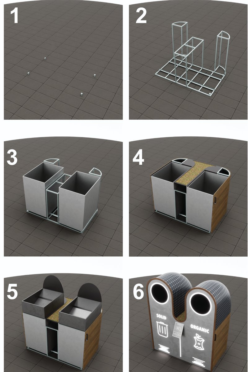 Assembly sequence of the public smart bin, from frame to finished tech-integrated design.