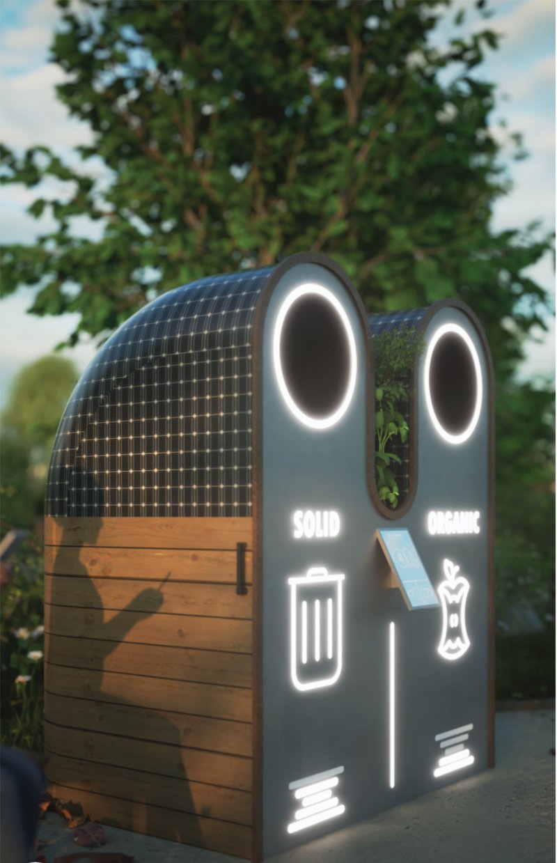 Smart bin illuminates as dusk falls, guiding waste separation through intuitive lighting.