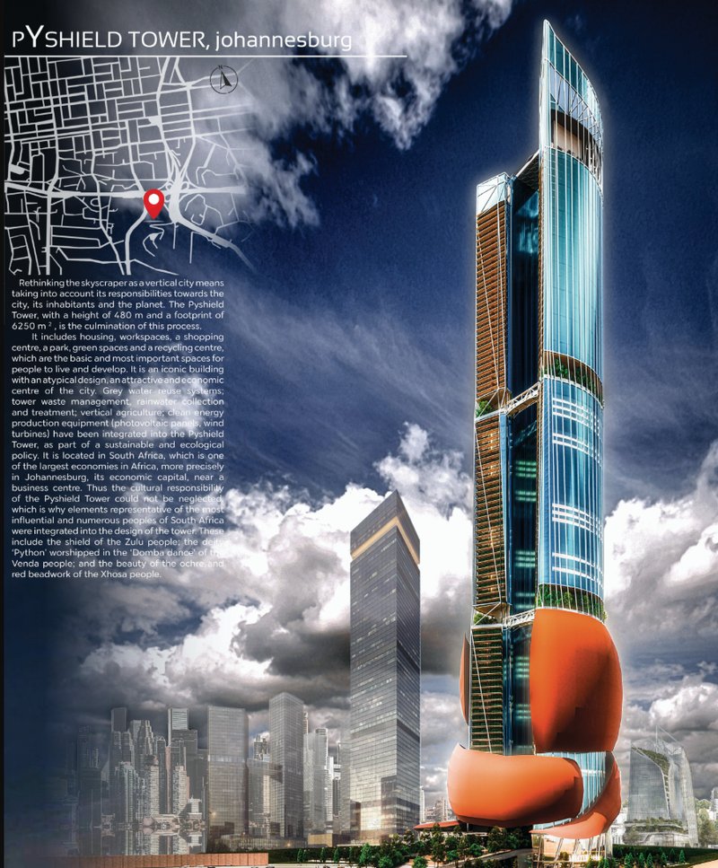 The Pyshield Tower stands tall over Johannesburg, integrating sustainable architecture with deep cultural symbolism.