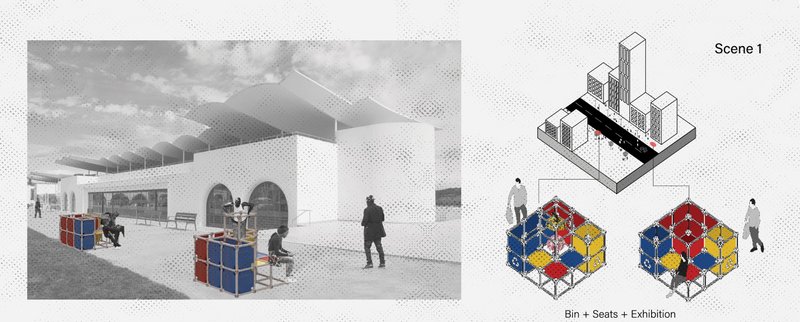 Meta-Bin units serve as seating and exhibition structures in public plazas, activating social spaces through modular reuse.