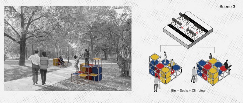In parks, Meta-Bin transforms into playful climbing furniture, merging utility with recreation for community use.