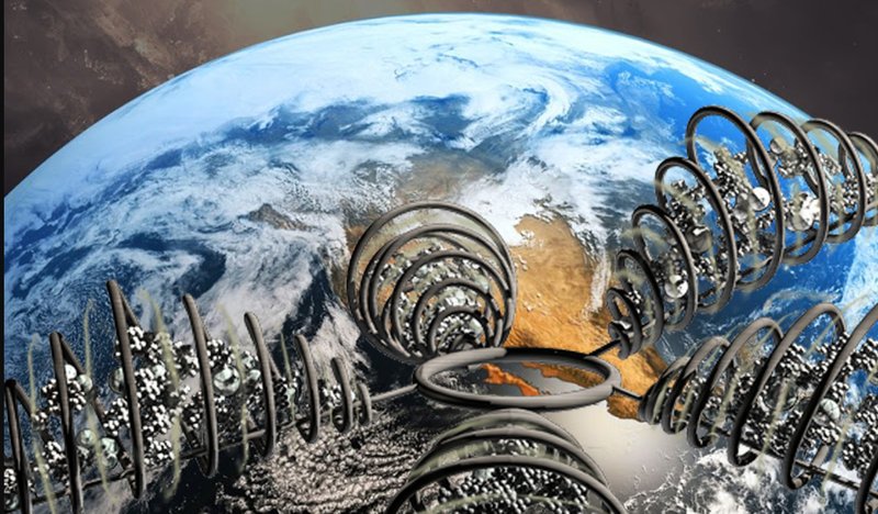 Interconnected spiral cocoons form a scalable city in Earth’s orbit, expanding modularly.