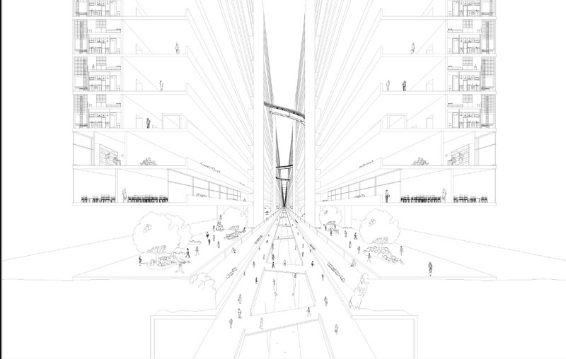 Sectional perspective of the megastructure, exposing programmatic layers and the civic immune system in action.
