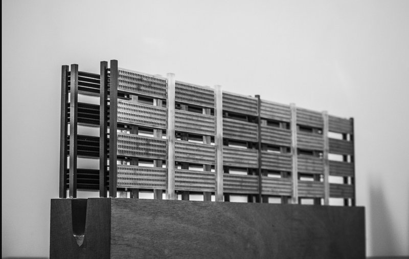 Physical model of façade system, illustrating modular repetition and infrastructural mass.